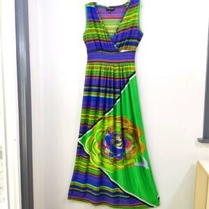 Vibrant striped floral jersey empire maxi dress S